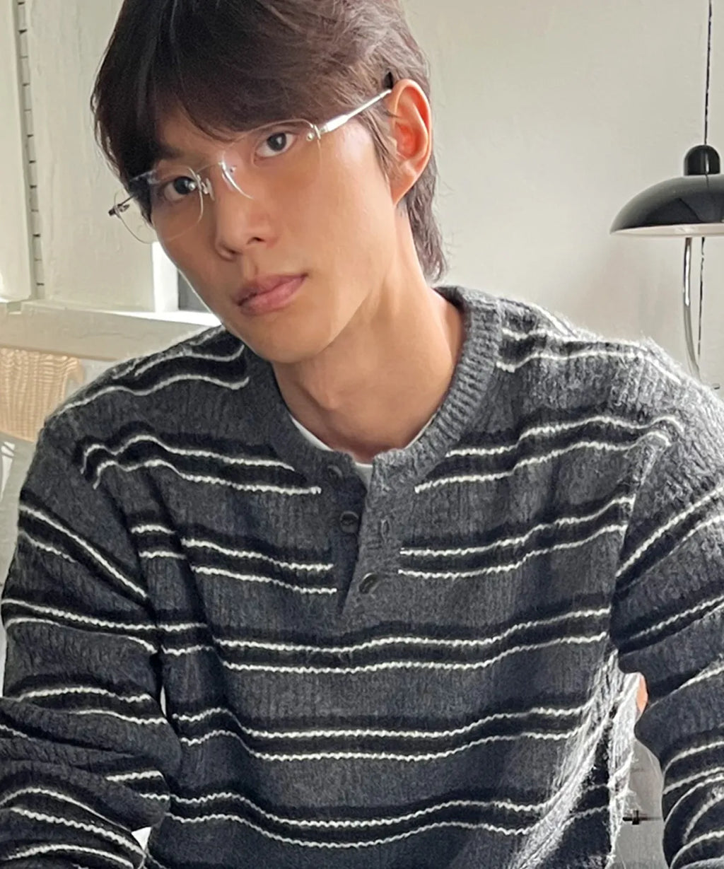 Ribbed Oversized Henley Neck Knit [Charcoal ST]