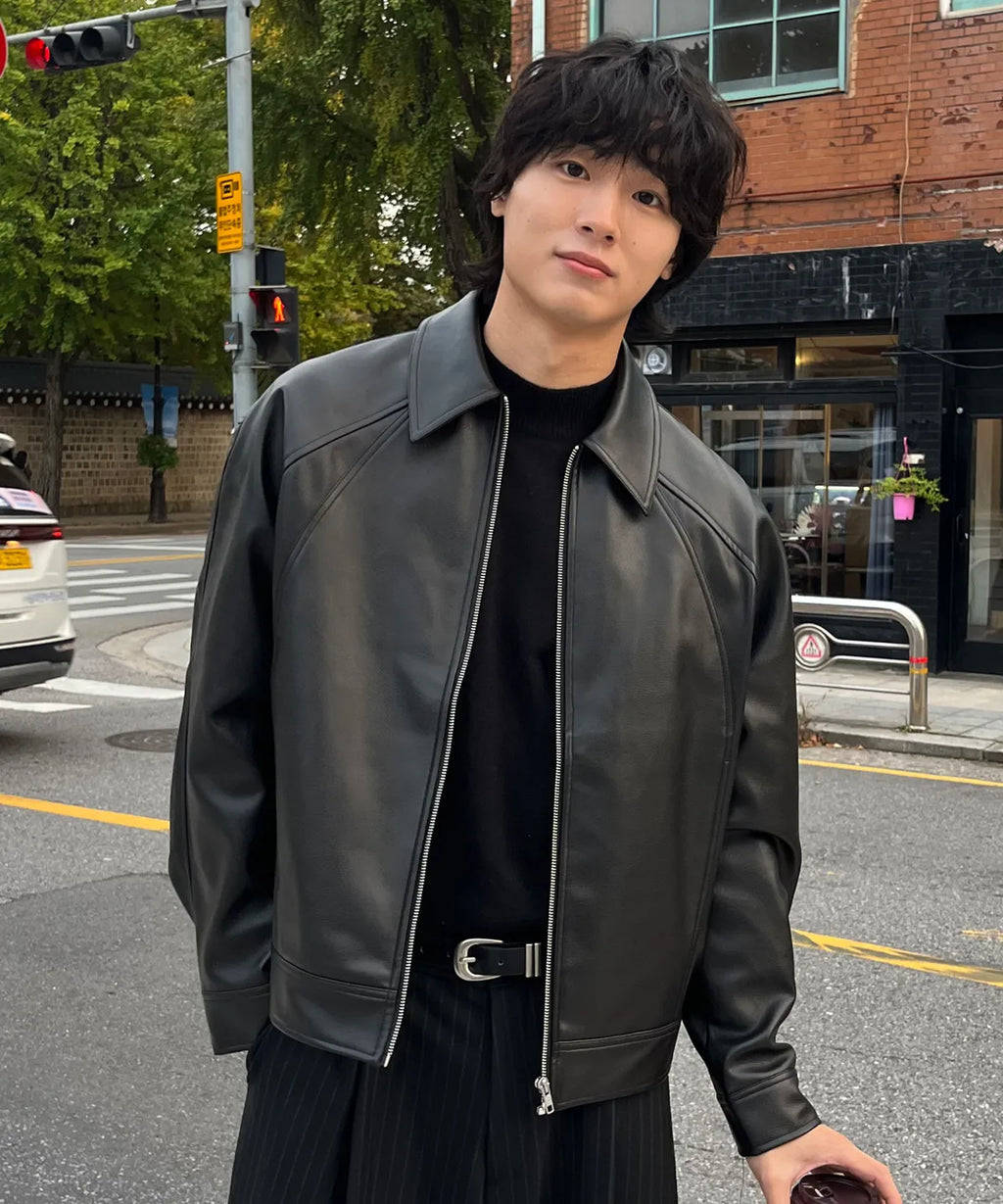 Leather Cropped Blouson Jacket [Black]