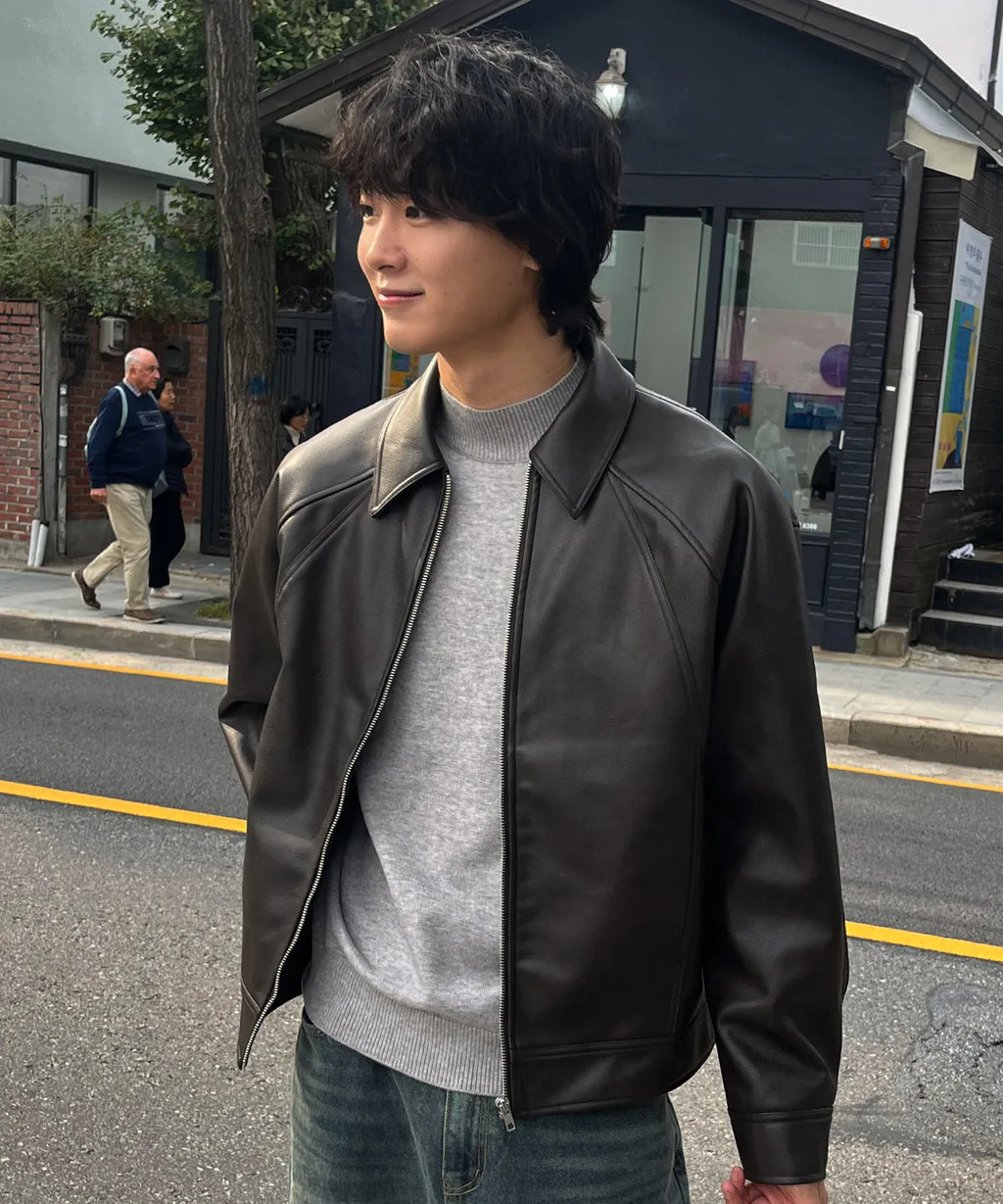 Leather Cropped Blouson Jacket [Brown]