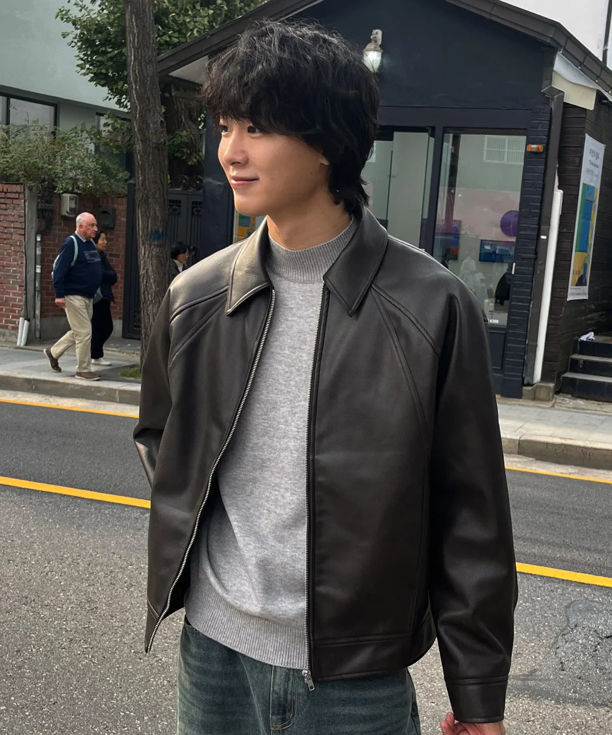 Leather Cropped Blouson Jacket [Brown]