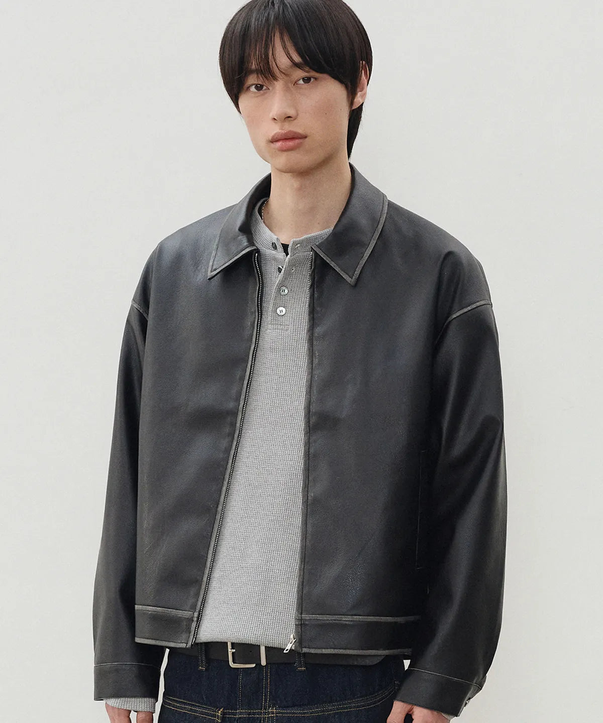 Vintage Washed Leather Jacket [Black]