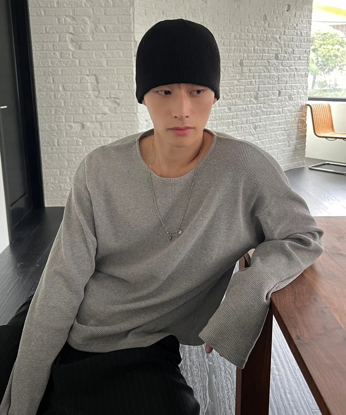 Waffle Crop Long Sleeve T-shirt [Gray]