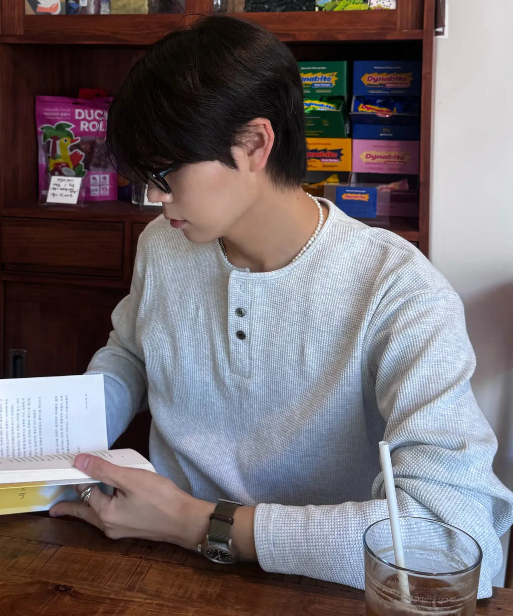 Waffle Henley Neck Crop T-shirt [White Melange]