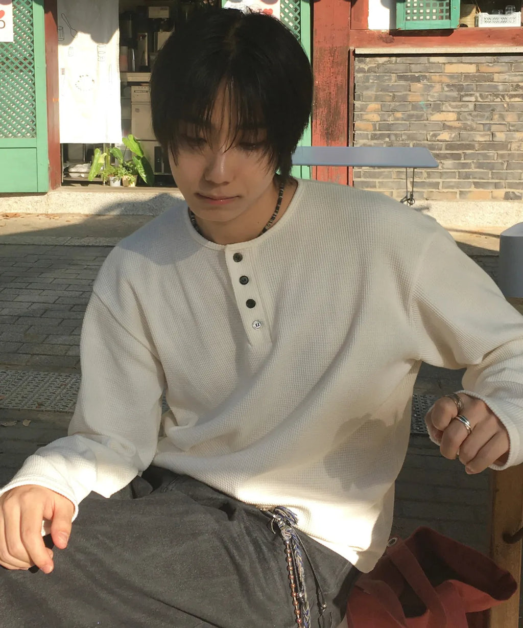 Waffle Henley Neck Crop T-shirt [Ivory]