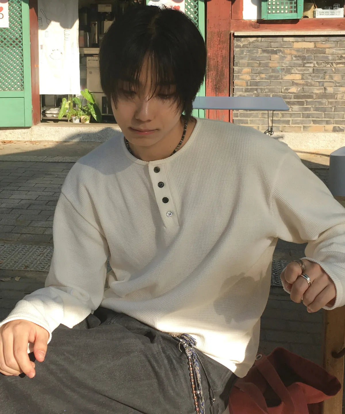 Waffle Henley Neck Crop T-shirt [Ivory]