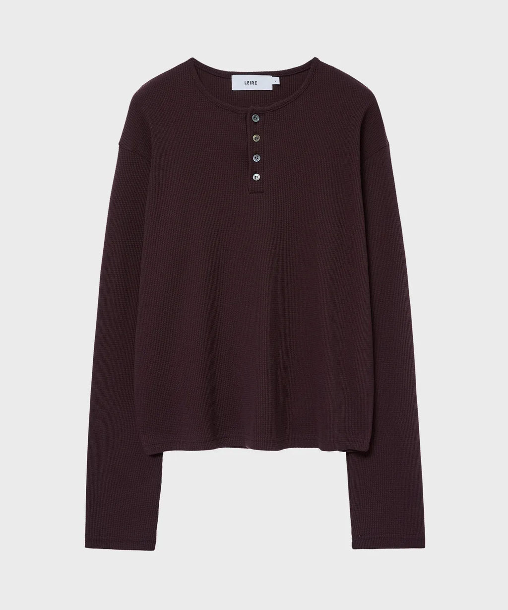 Waffle Henley Neck Crop T-shirt [Burgundy]