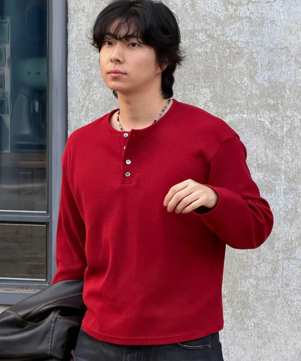 Waffle Henley Neck Crop T-shirt [Vintage Red]