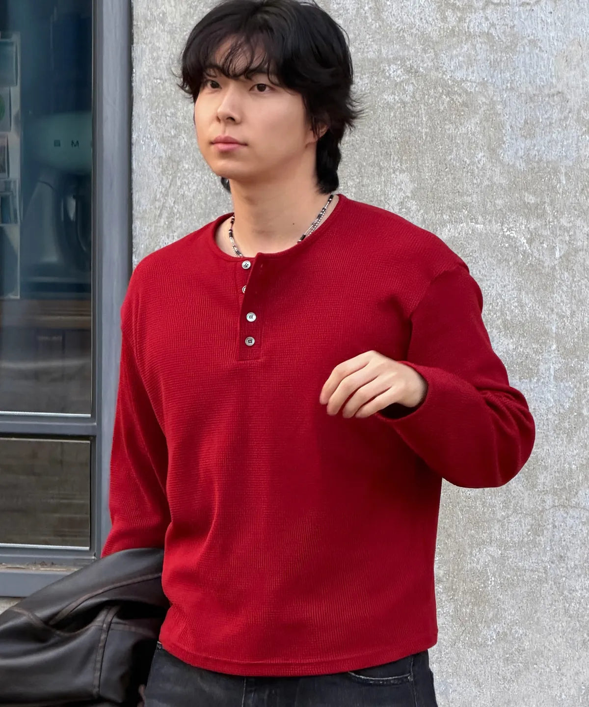 Waffle Henley Neck Crop T-shirt [Vintage Red]