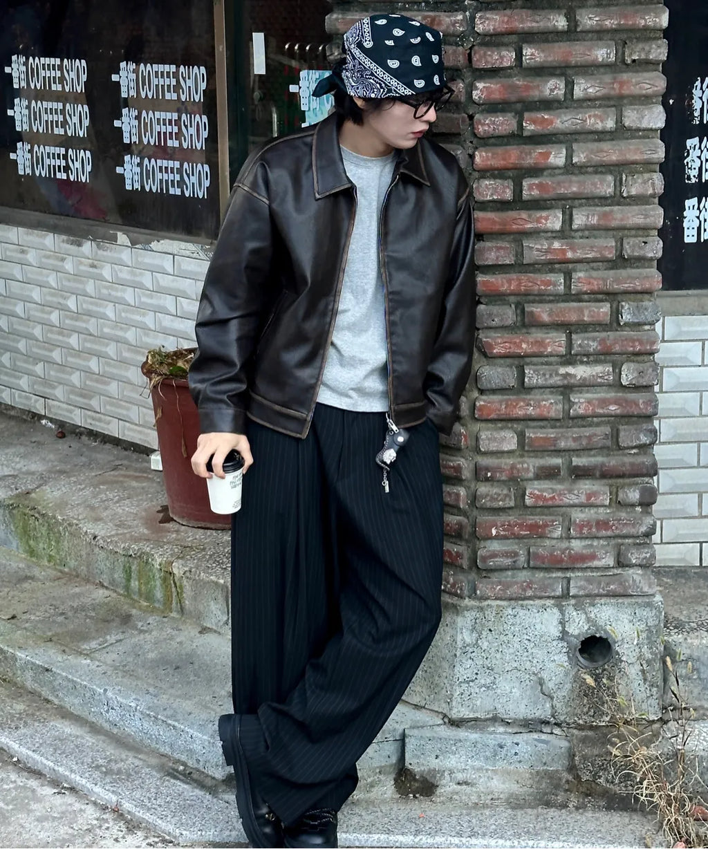 Vintage Washed Leather Jacket [Brown]