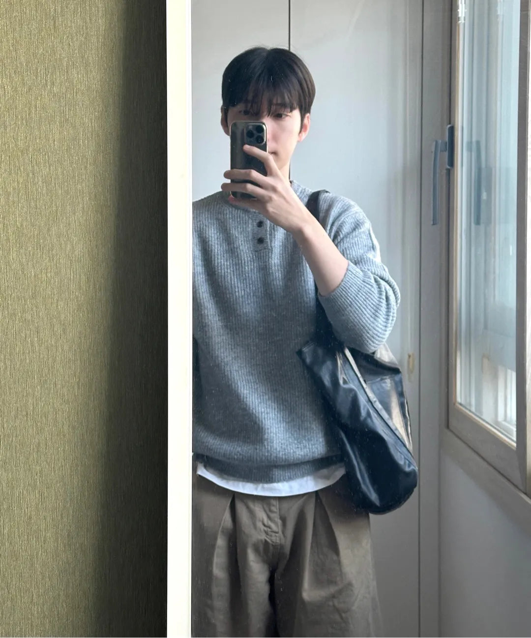 Ribbed Oversized Henley Neck Knit [Gray]