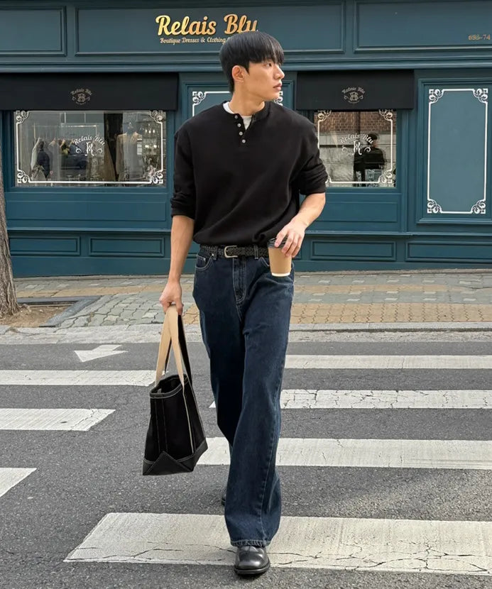 Waffle Henley Long Sleeve T-Shirt [Black]