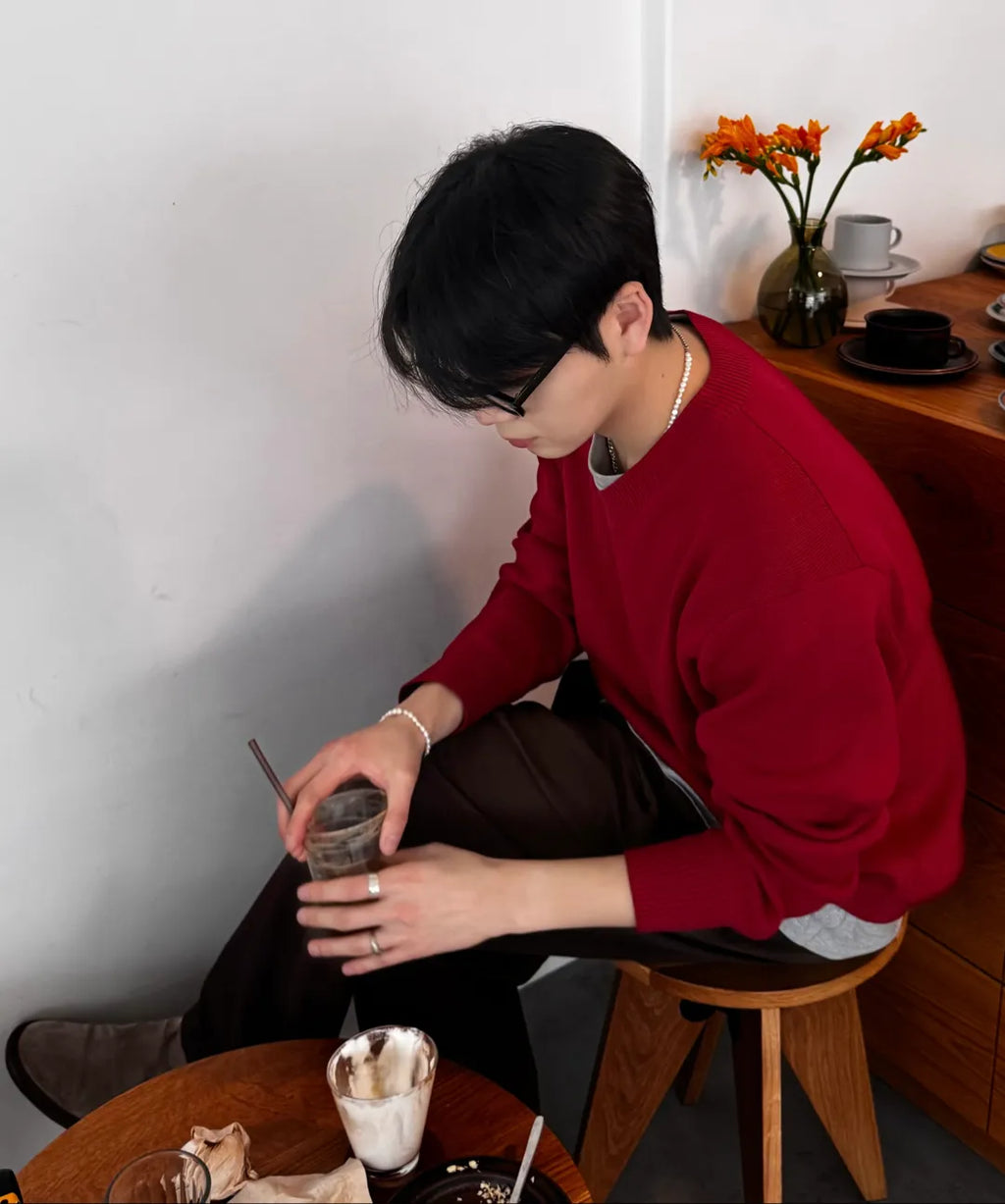 Pure Cotton V-Neck Knit [Red]