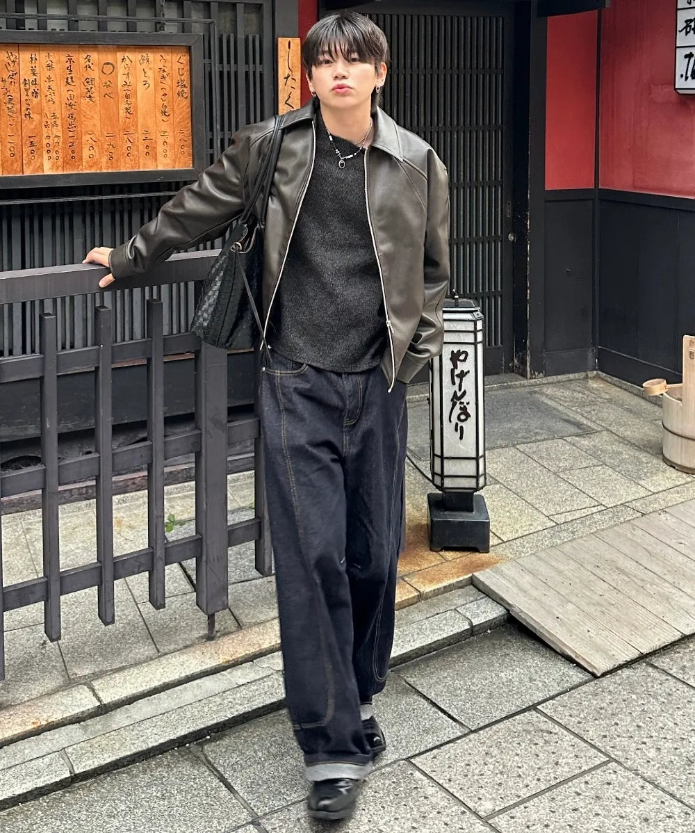 Leather Cropped Blouson Jacket [Brown]