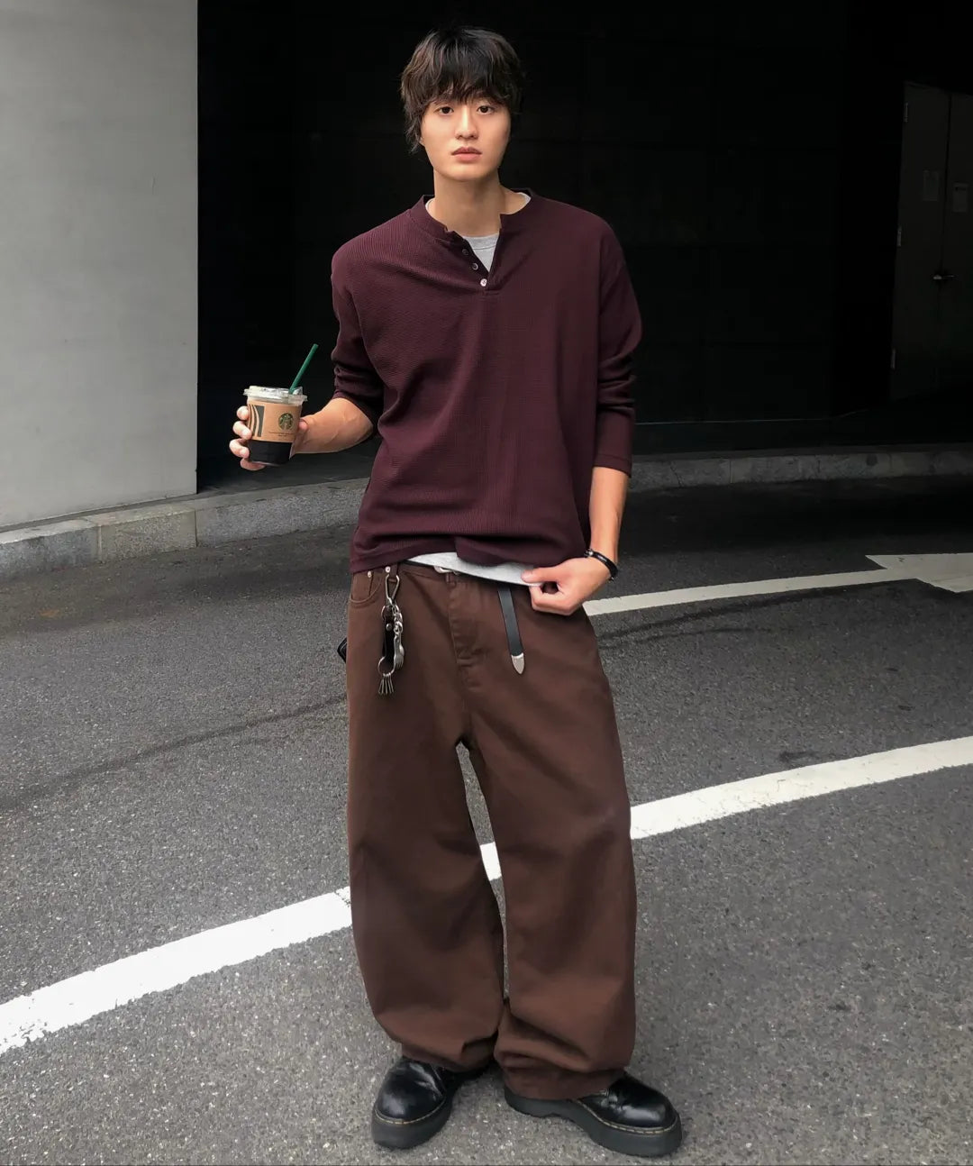 Waffle Henley Long Sleeve T-Shirt [Burgundy]