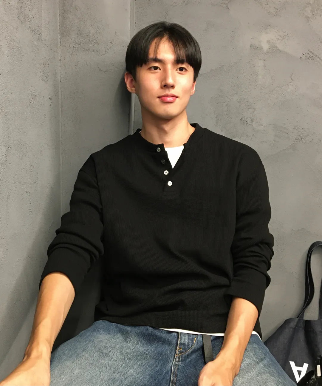 Waffle Henley Long Sleeve T-Shirt [Black]