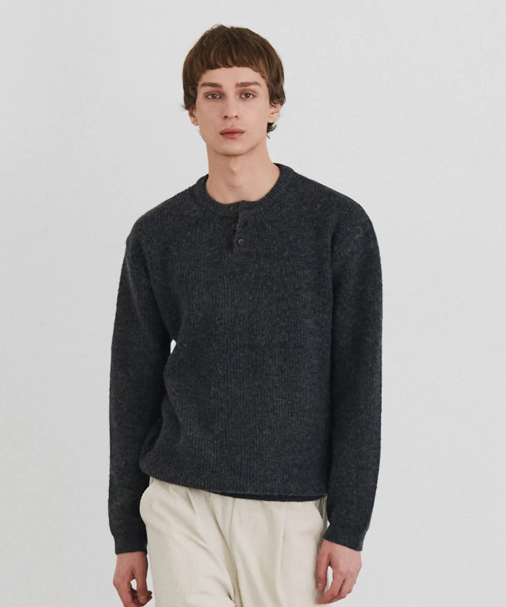 Ribbed Over-Fit Henley-Neck Knit [Charcoal]