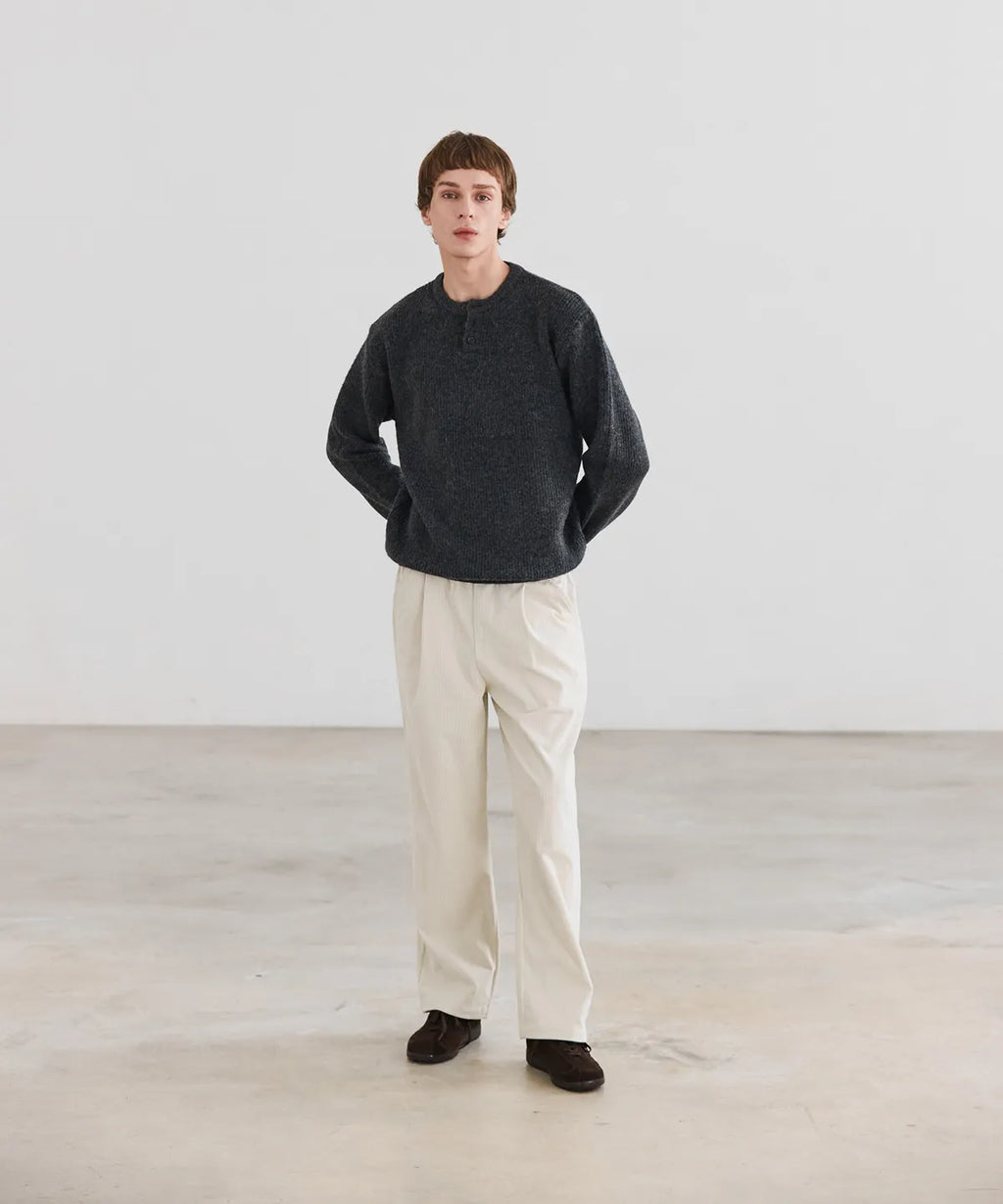 Ribbed Over-Fit Henley-Neck Knit [Charcoal]