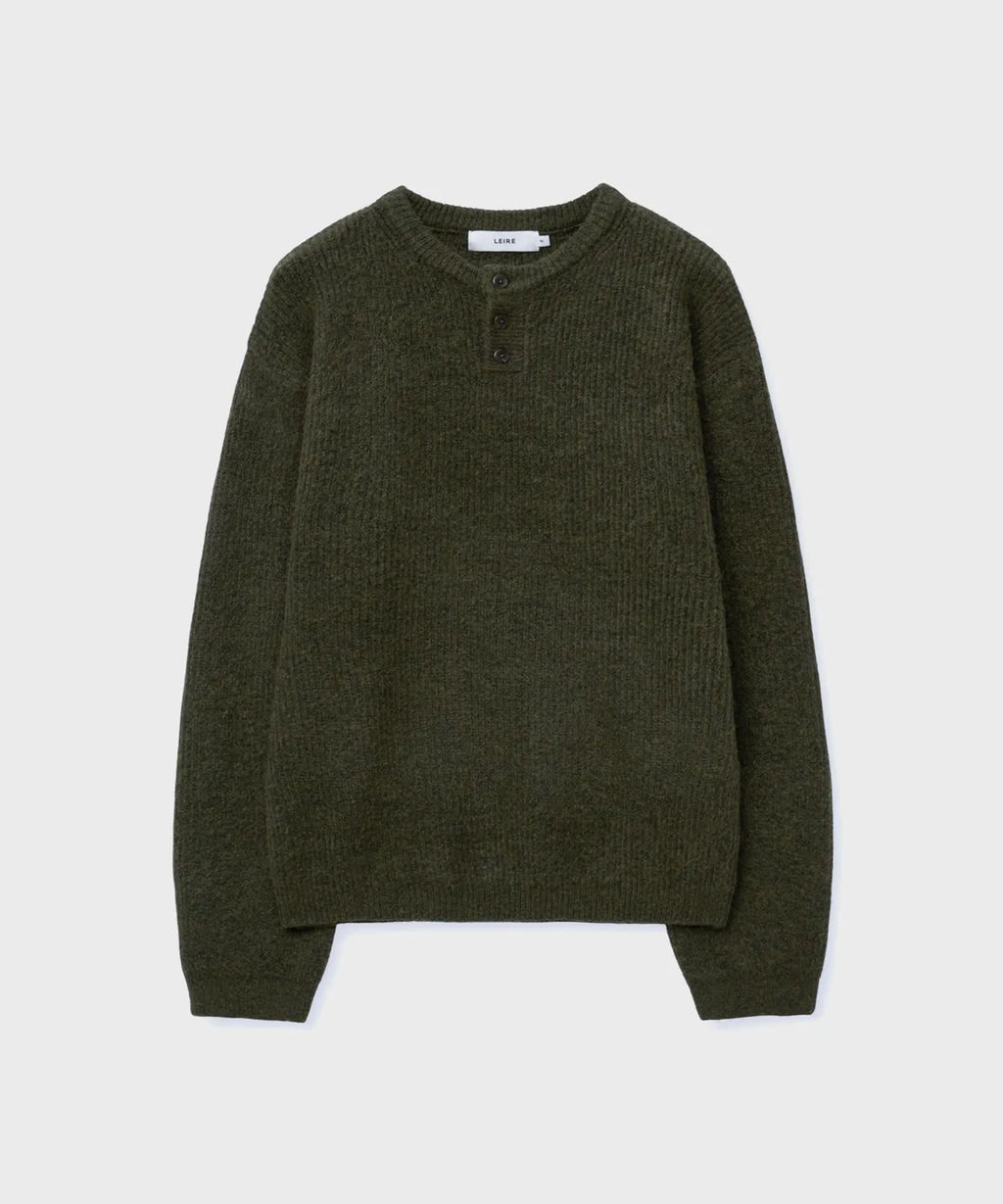 Ribbed Over-Fit Henley-Neck Knit [Khaki]