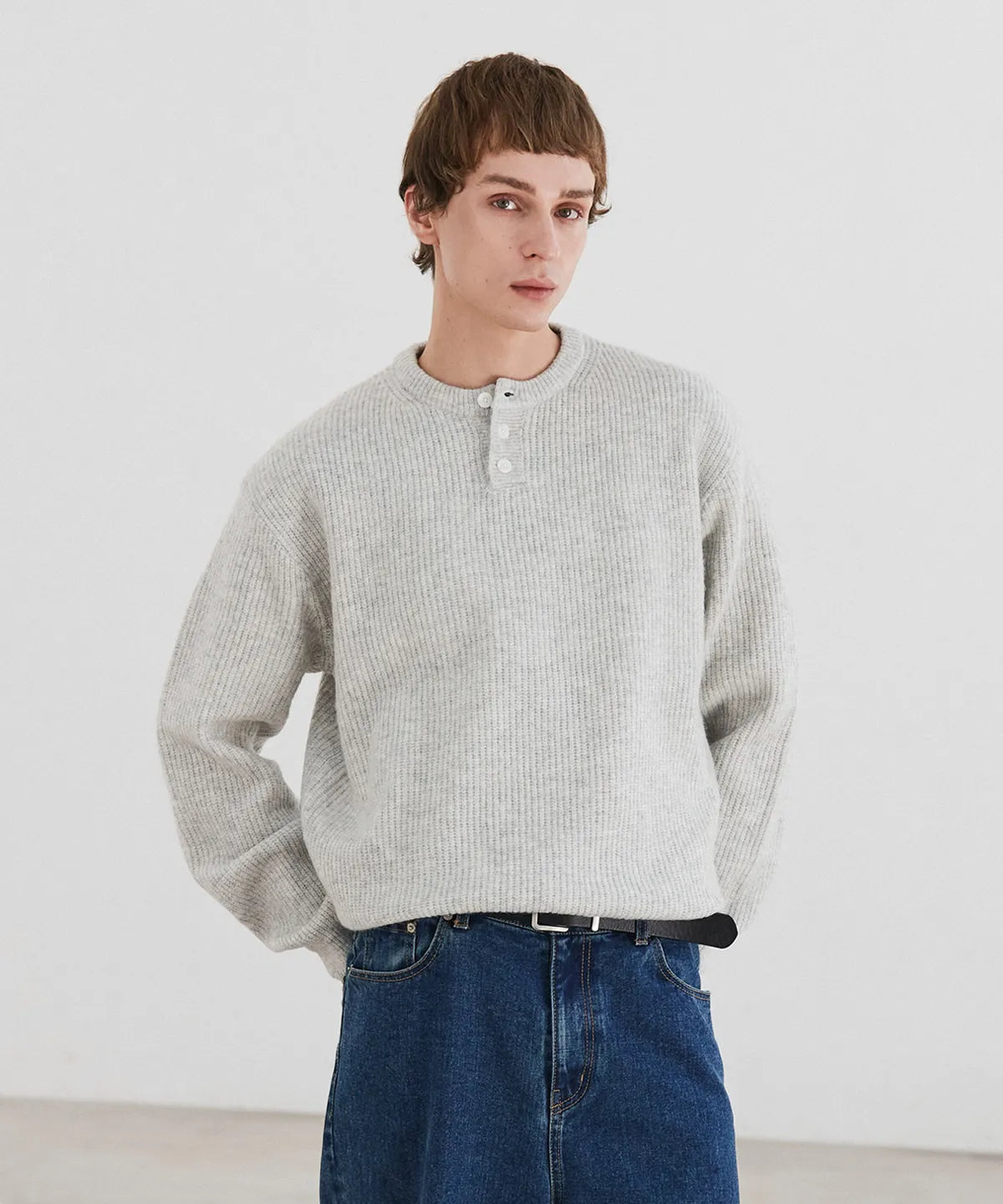 Ribbed Over-Fit Henley-Neck Knit [White Melange]