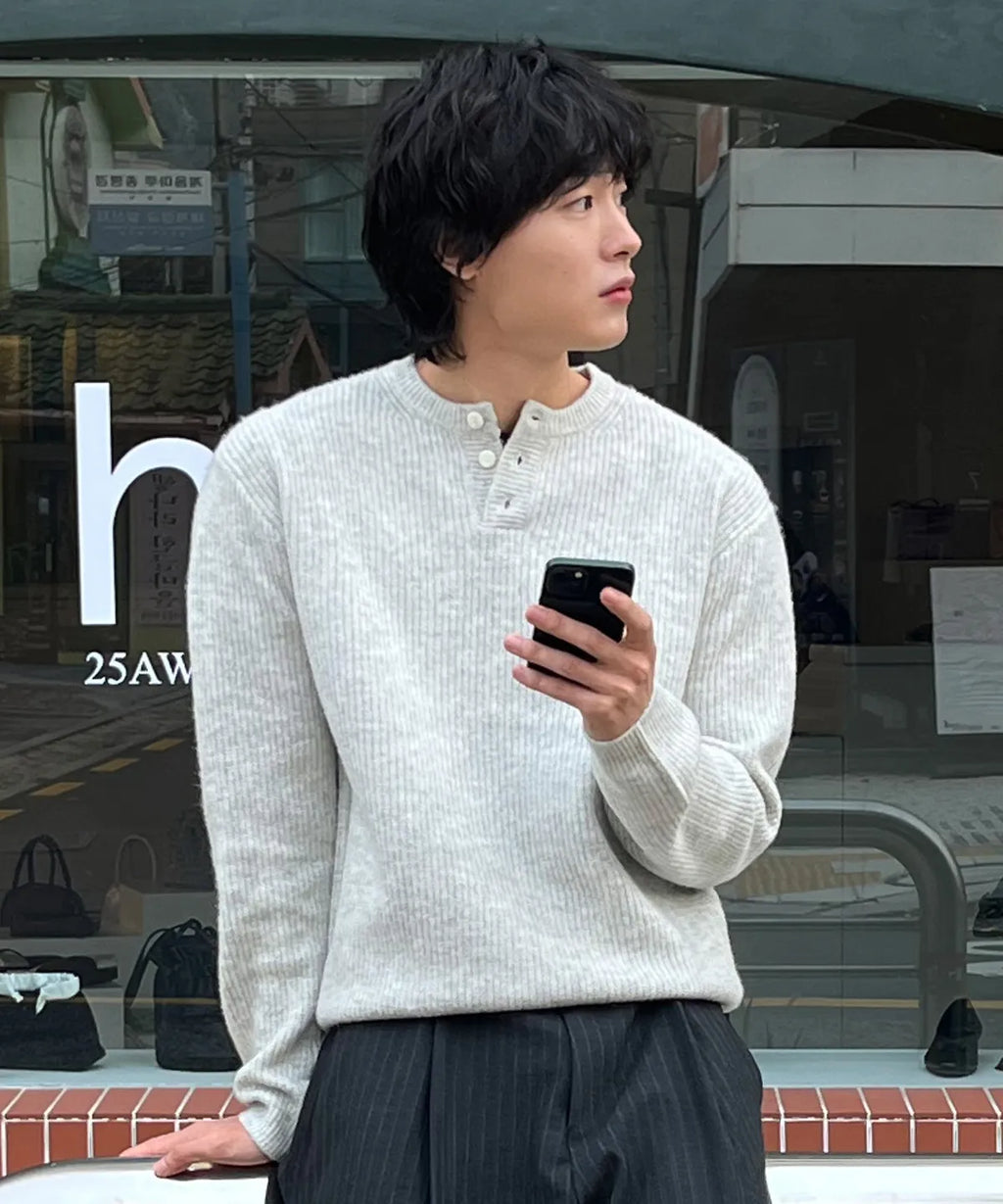 Ribbed Over-Fit Henley-Neck Knit [White Melange]