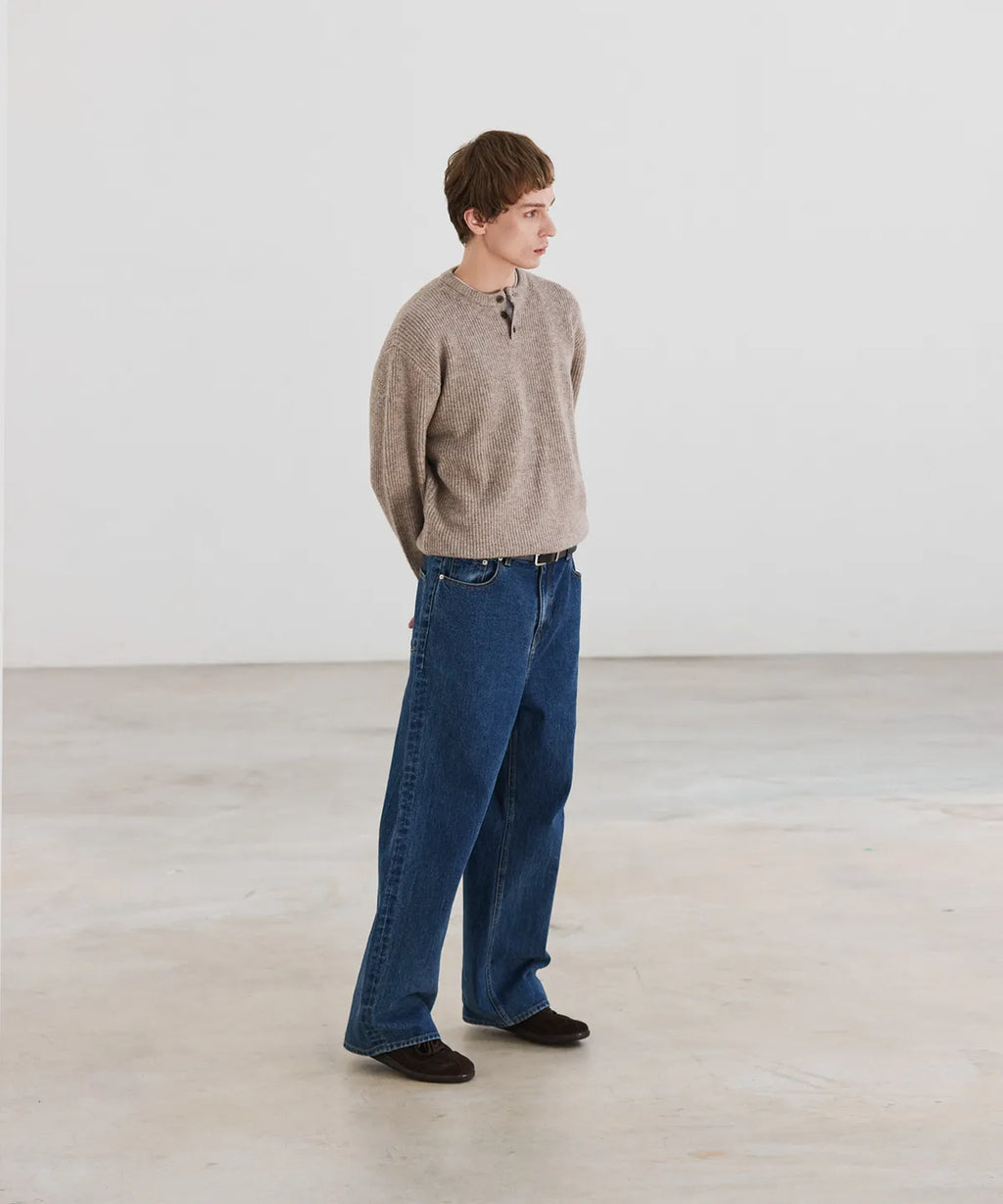 Ribbed Over-Fit Henley-Neck Knit [Oatmeal]