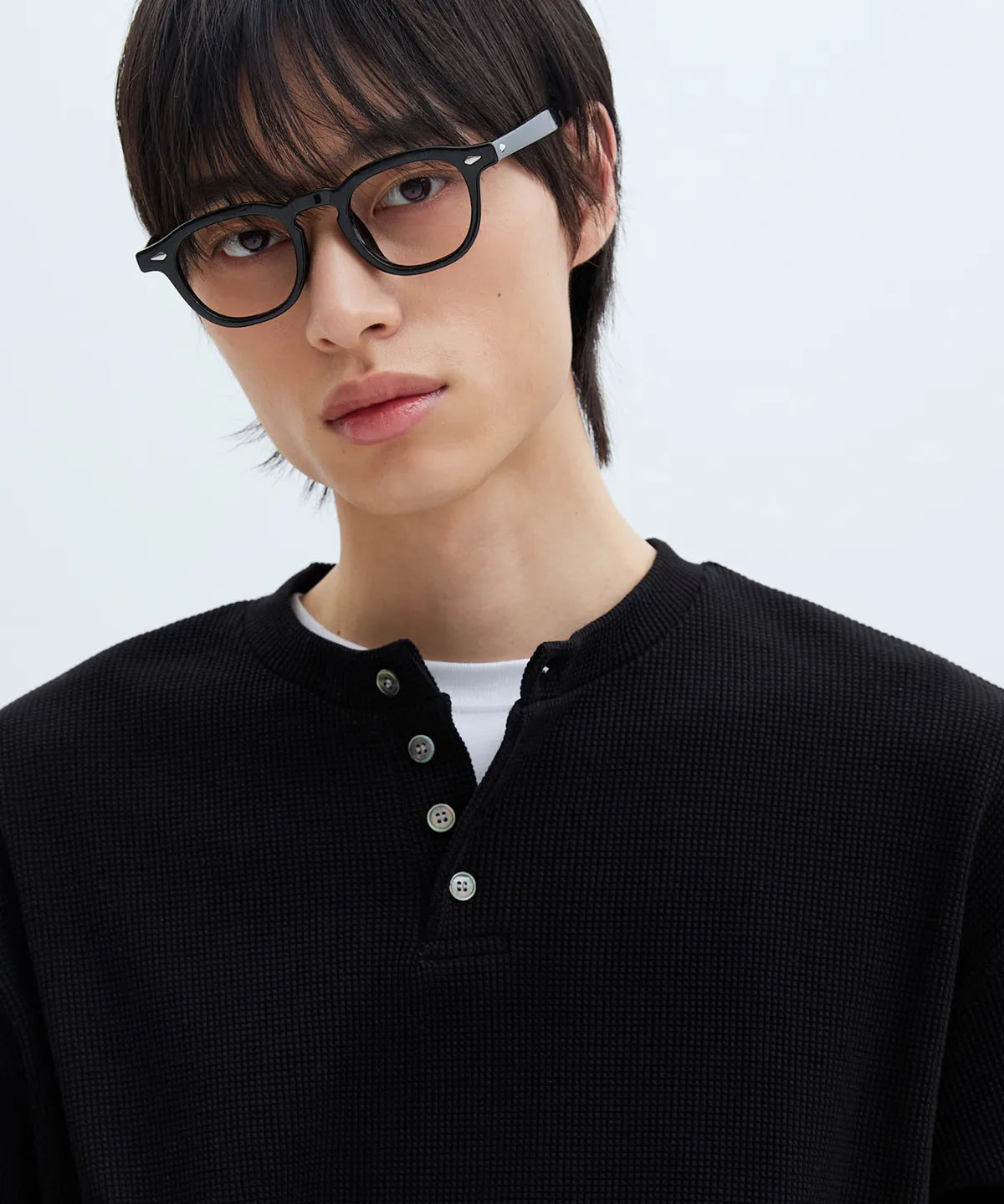 Waffle Henley Long Sleeve T-Shirt [Black]