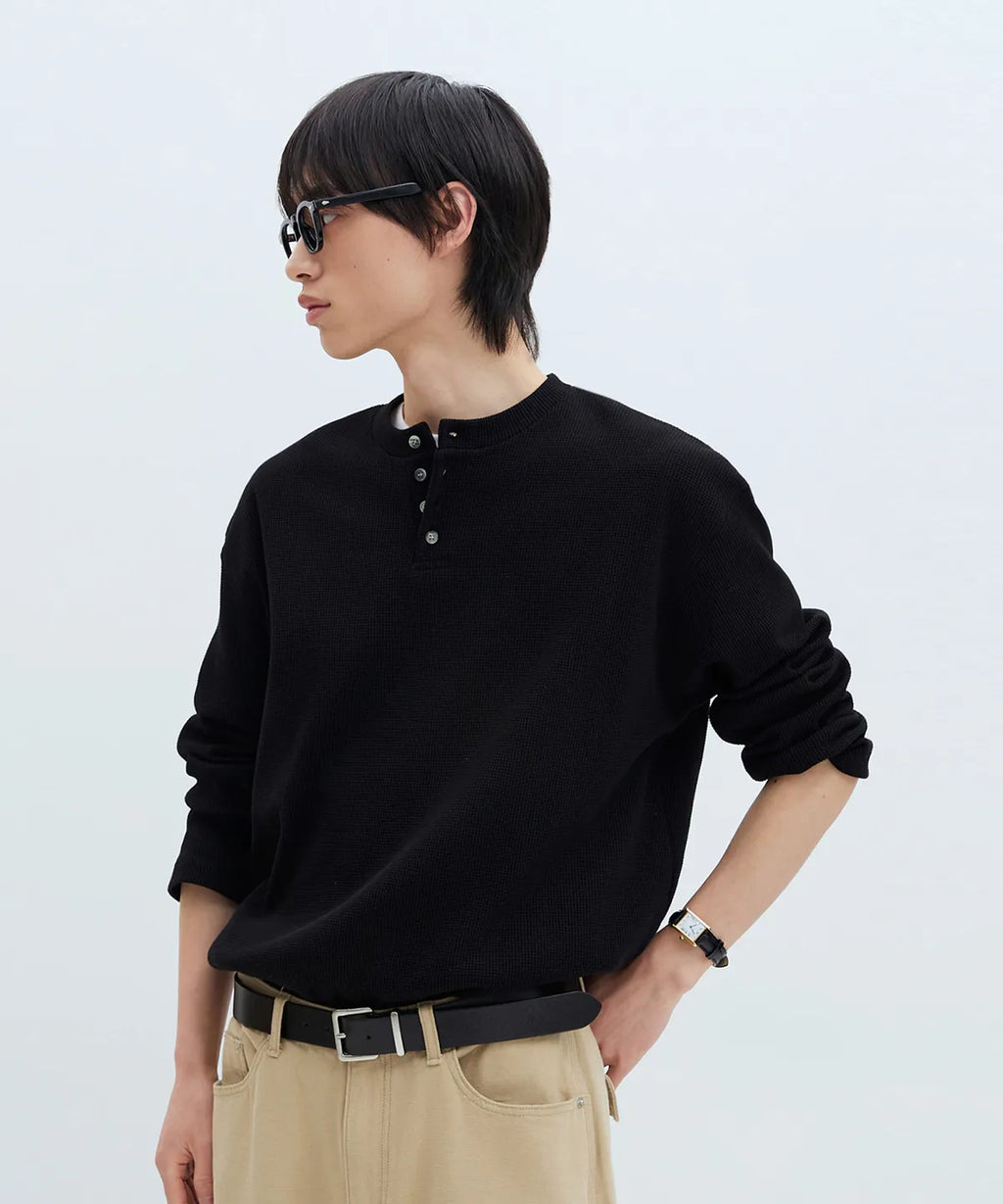Waffle Henley Long Sleeve T-Shirt [Black]