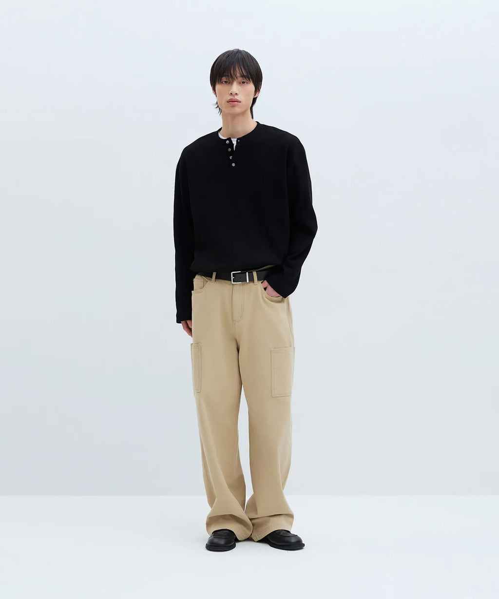 Waffle Henley Long Sleeve T-Shirt [Black]