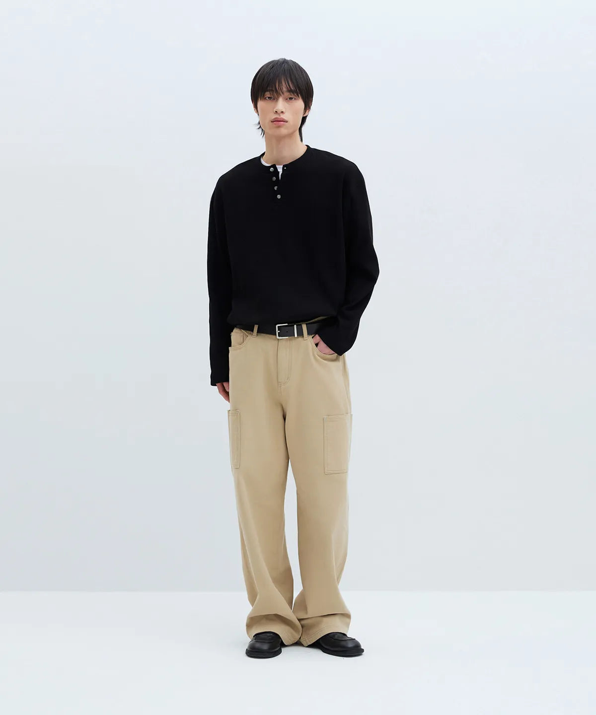 Waffle Henley Long Sleeve T-Shirt [Black]