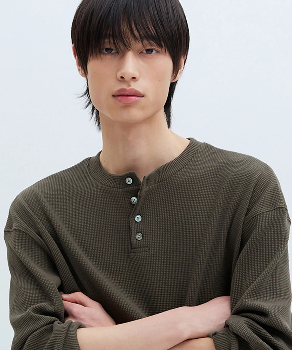 Waffle Henley Long Sleeve T-Shirt [Khaki]
