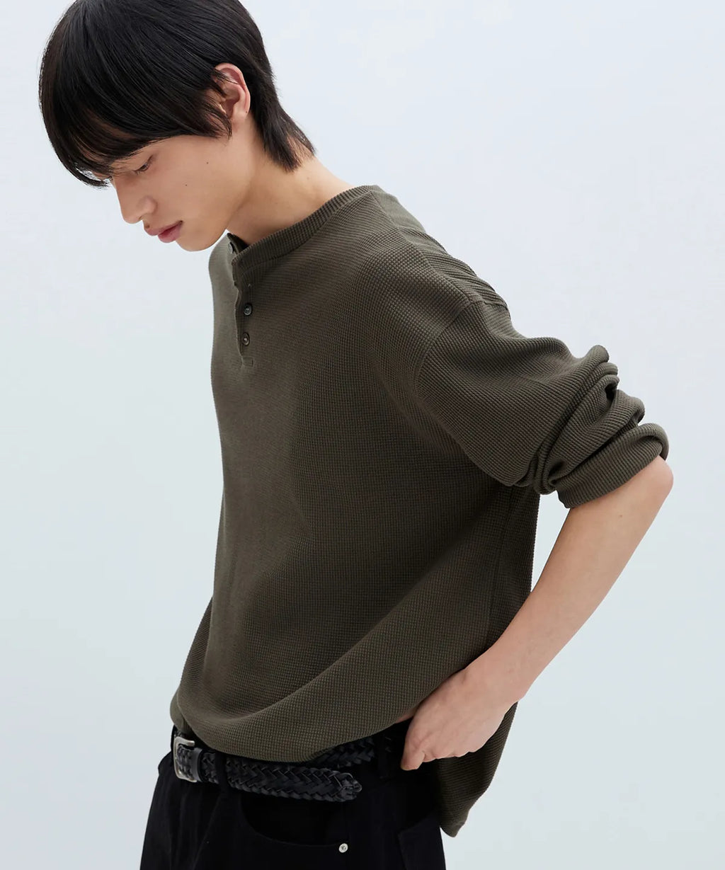 Waffle Henley Long Sleeve T-Shirt [Khaki]