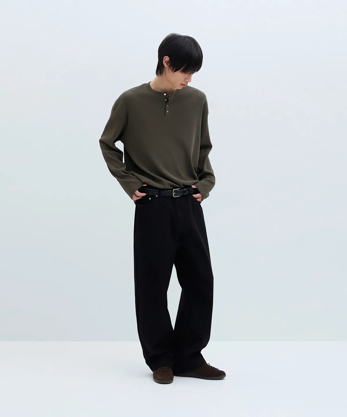 Waffle Henley Long Sleeve T-Shirt [Khaki]