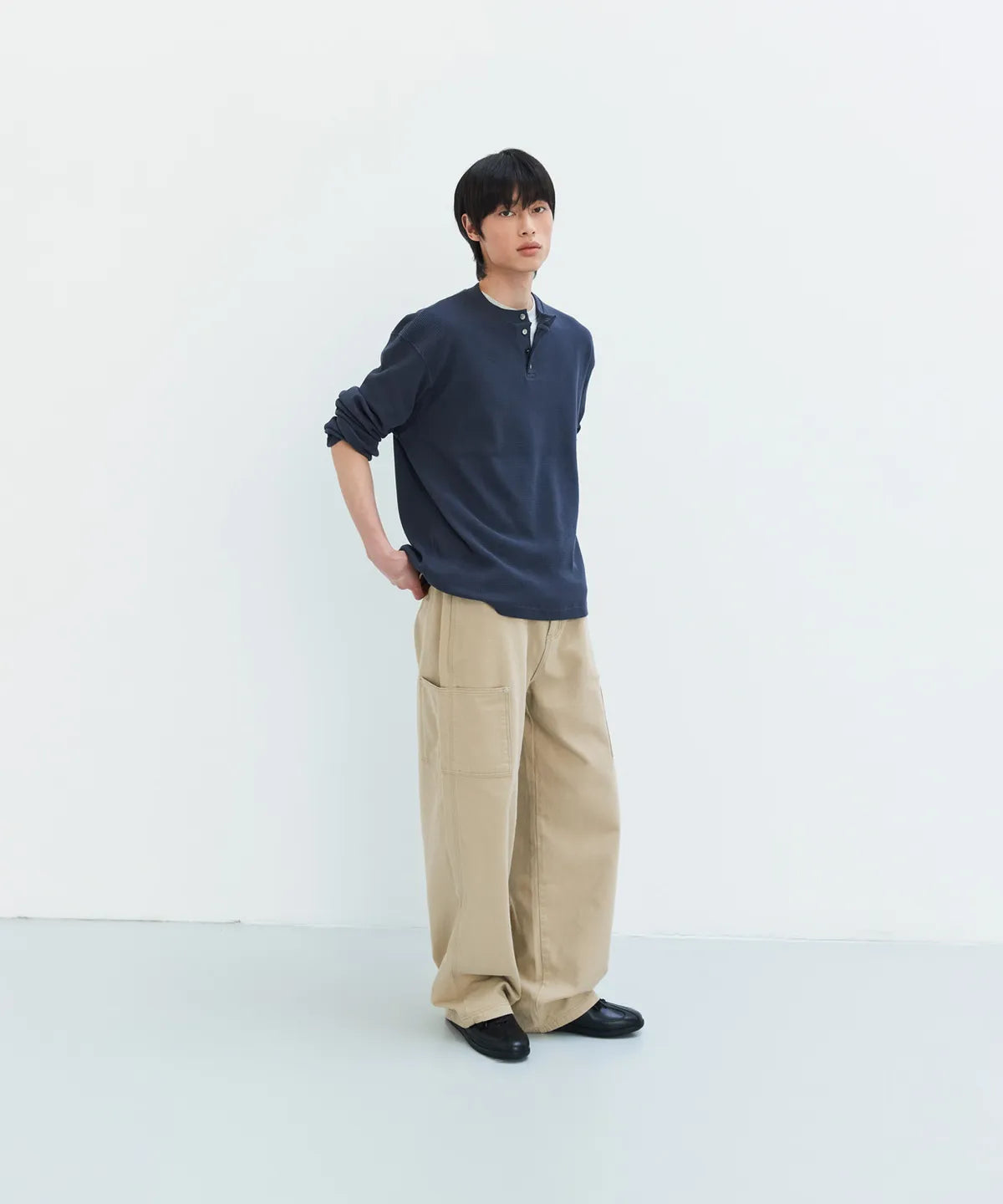 Waffle Henley Long Sleeve T-Shirt [Navy]