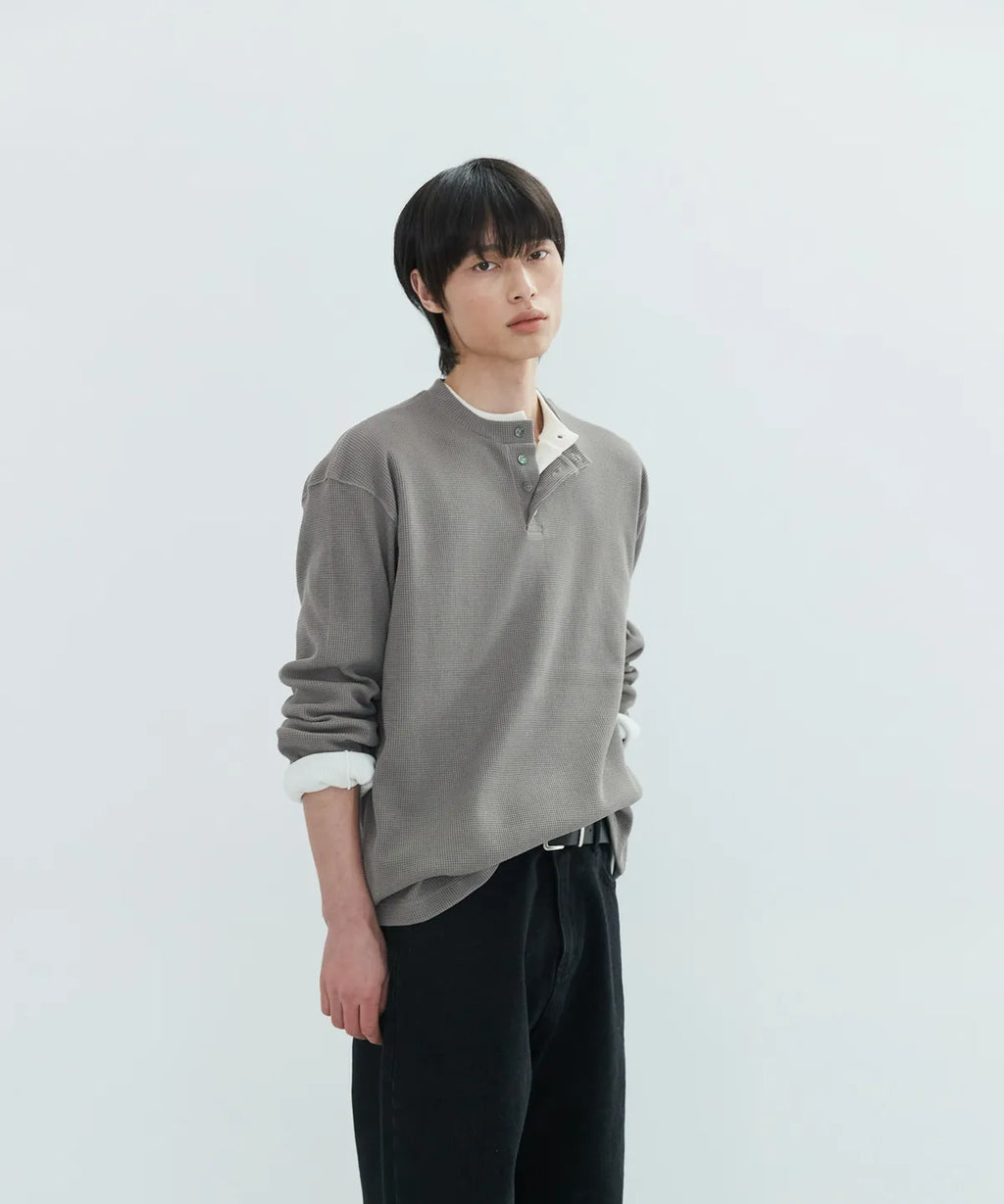 Waffle Henley Long Sleeve T-Shirt [Mocha Beige]
