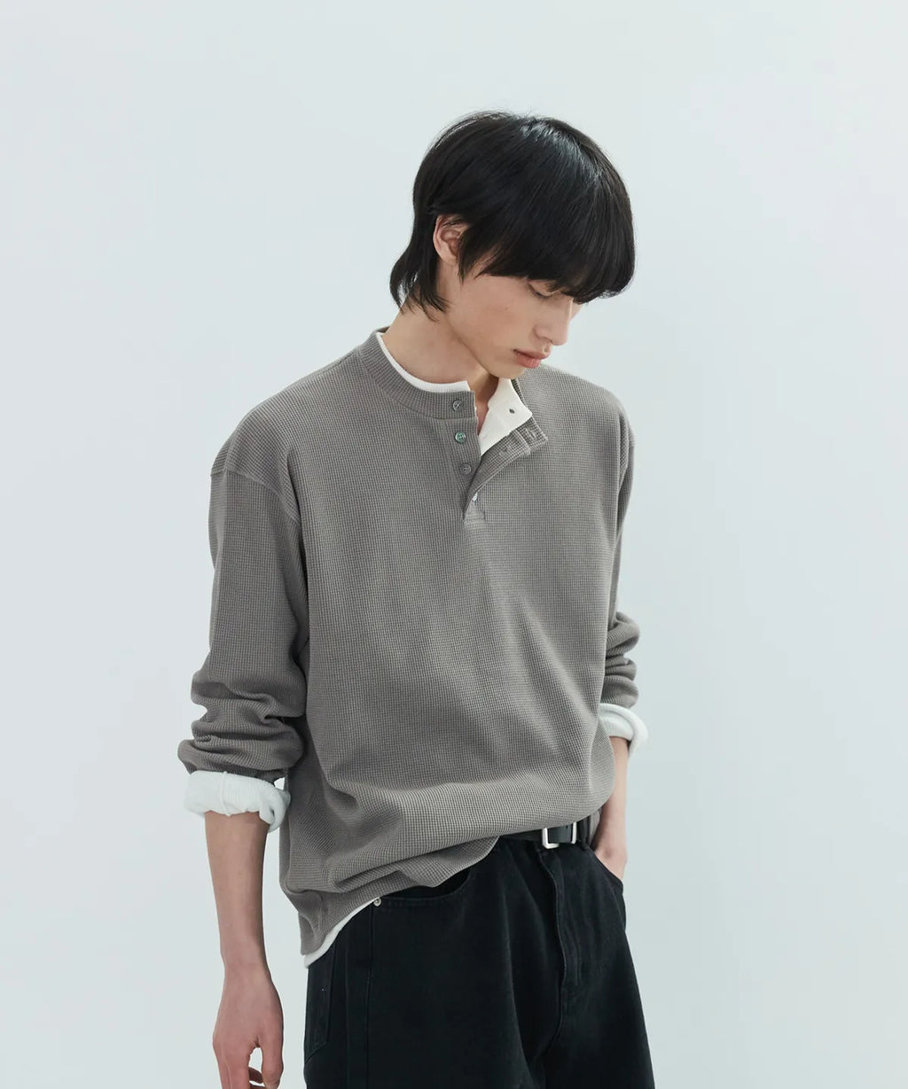 Waffle Henley Long Sleeve T-Shirt [Mocha Beige]