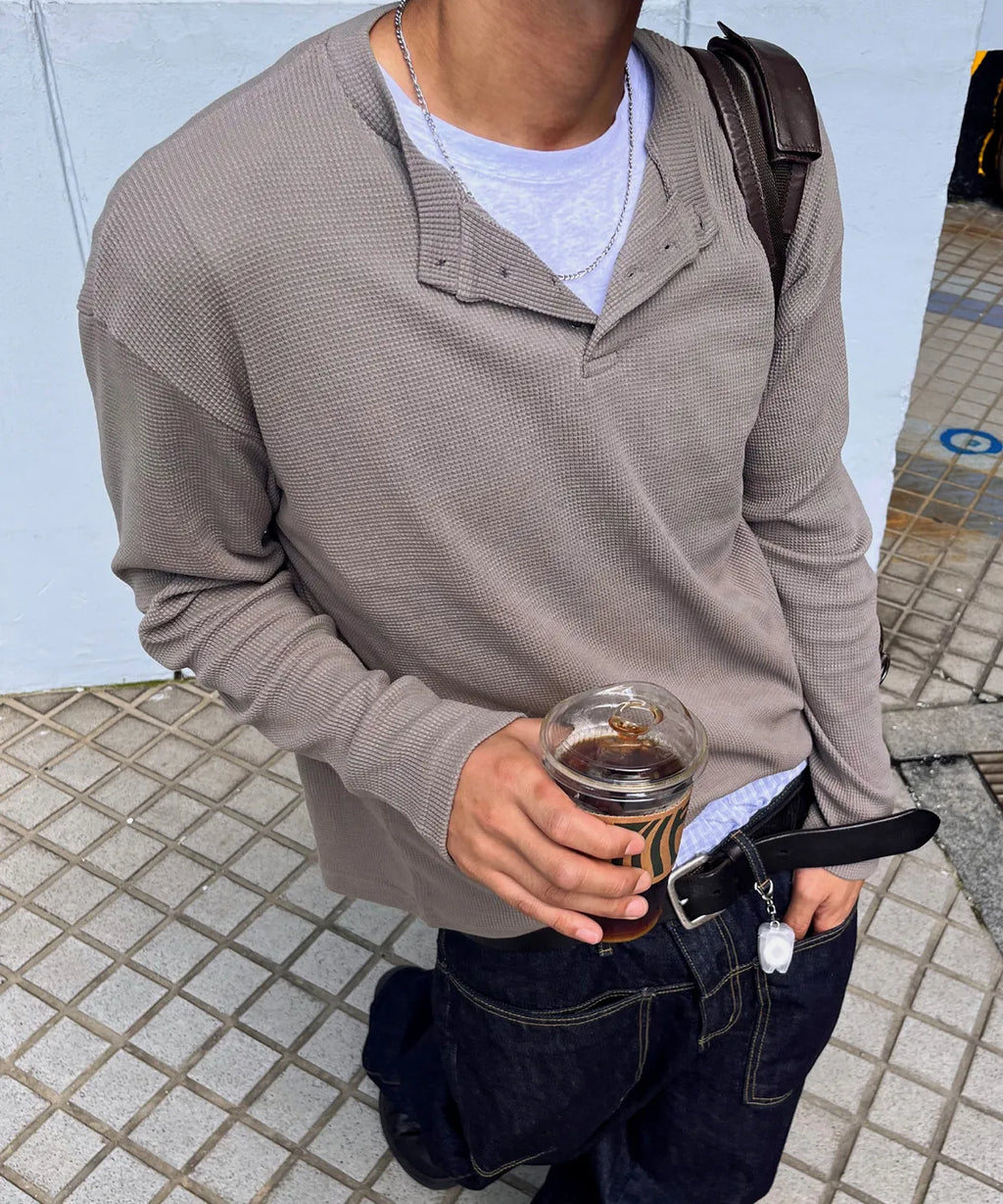 Waffle Henley Long Sleeve T-Shirt [Mocha Beige]
