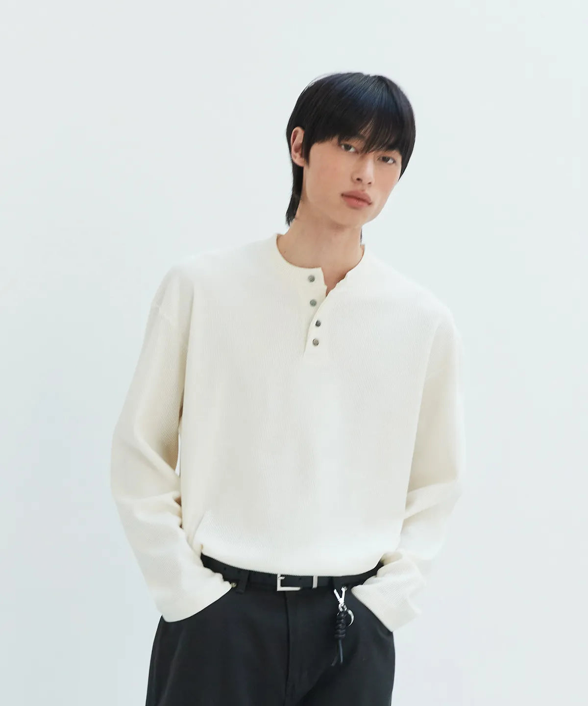 Waffle Henley Long Sleeve T-Shirt [Ivory]