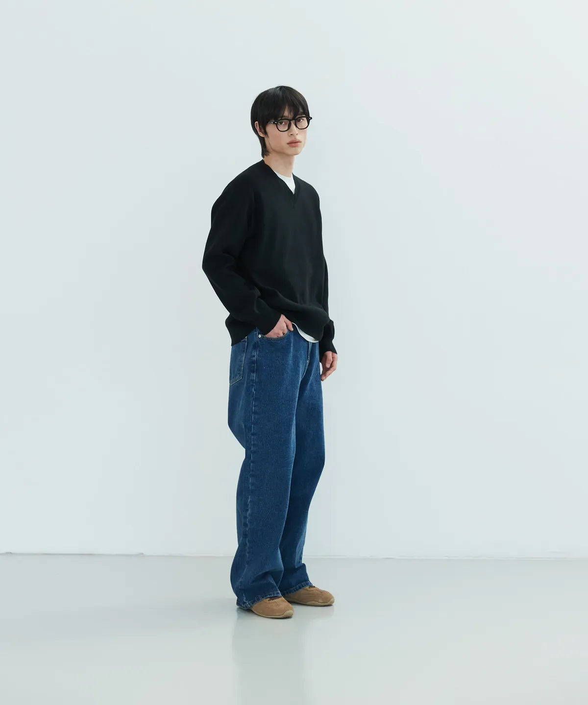 Pure Cotton V-Neck Knit [Black]