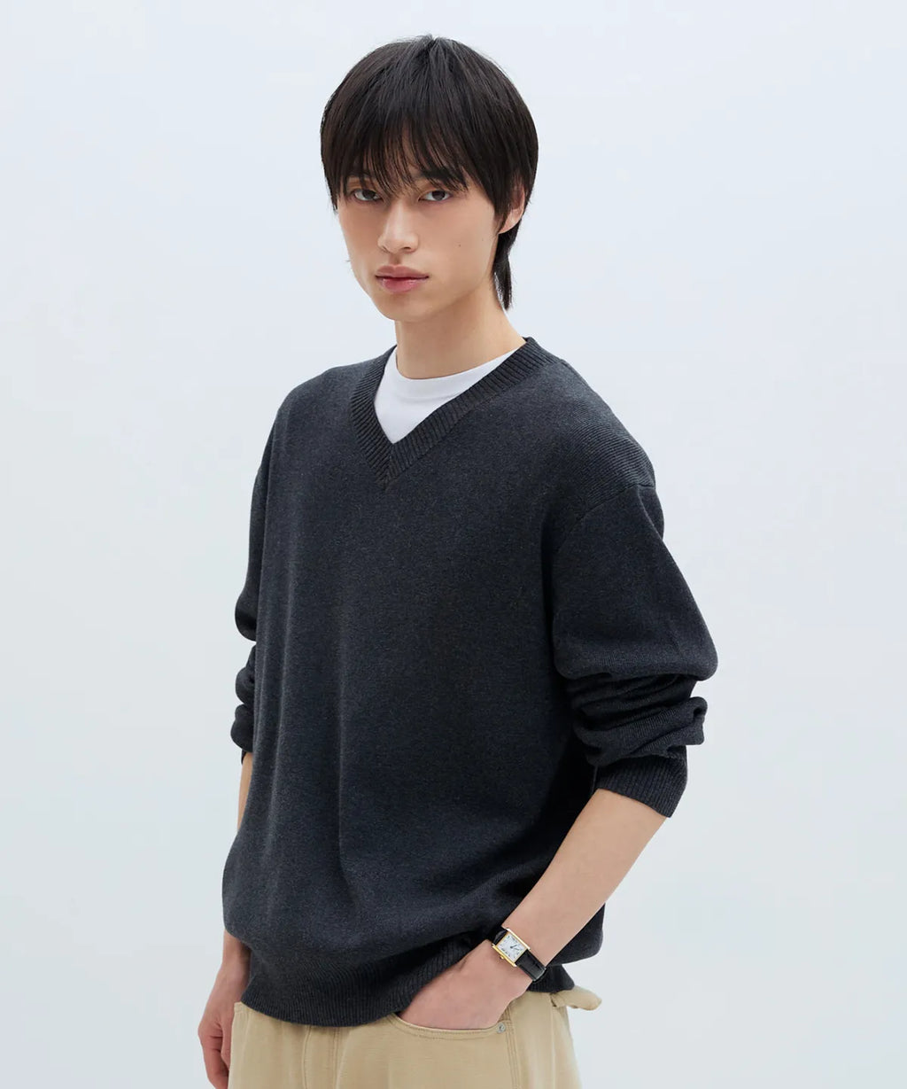 Pure Cotton V-Neck Knit [Charcoal]