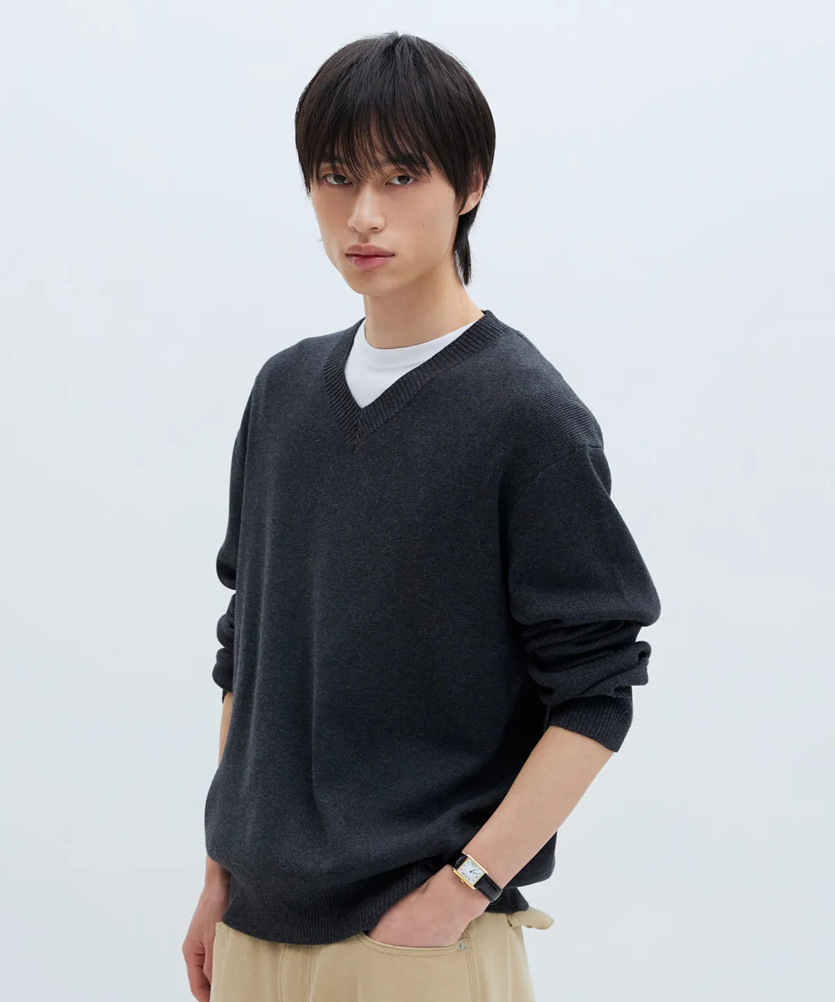 Pure Cotton V-Neck Knit [Charcoal]