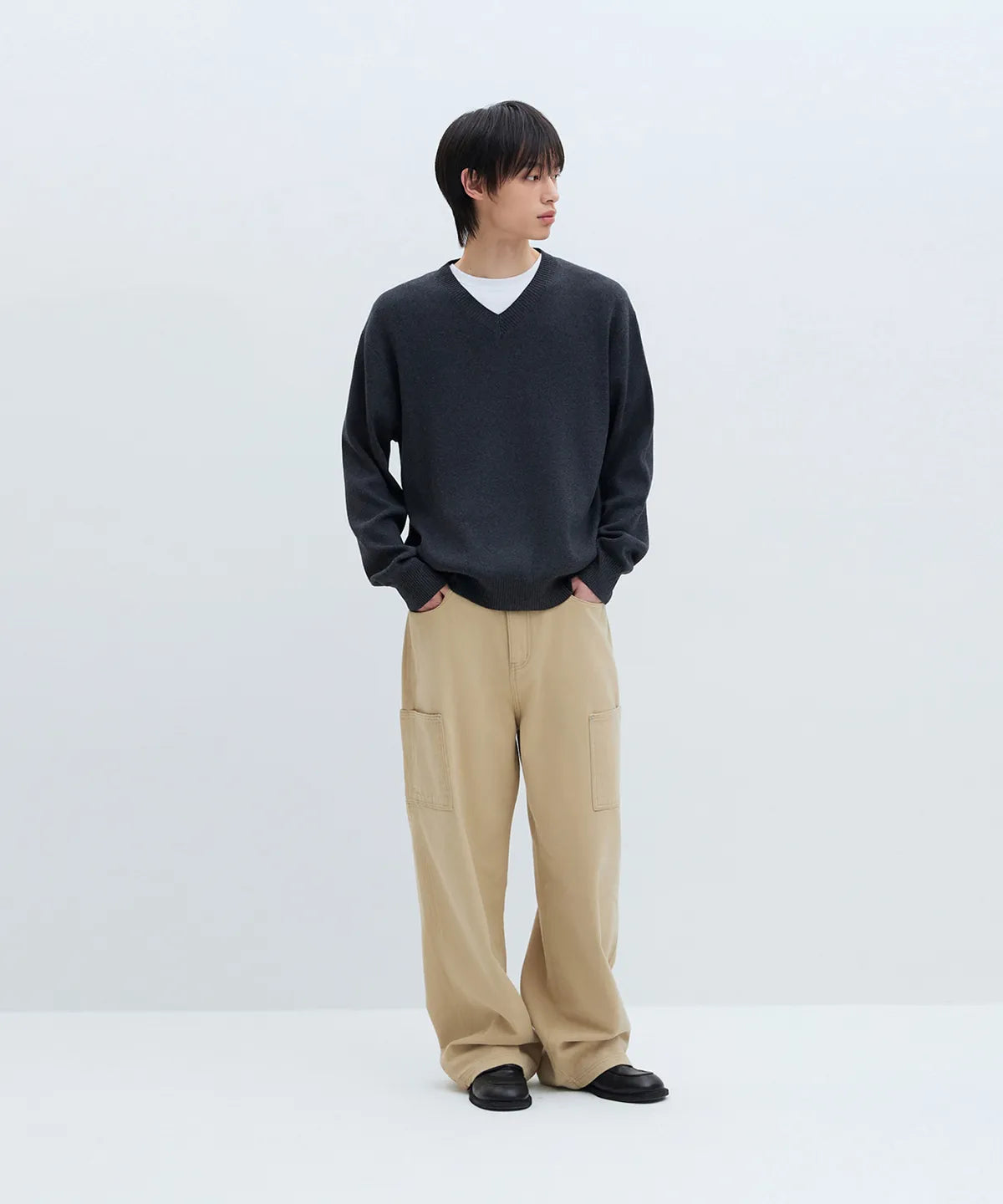 Pure Cotton V-Neck Knit [Charcoal]