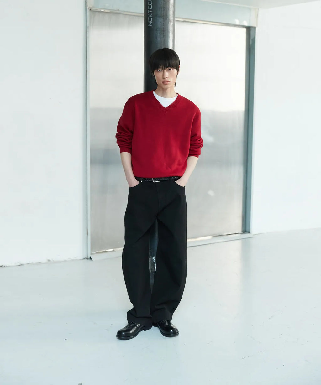 Pure Cotton V-Neck Knit [Red]