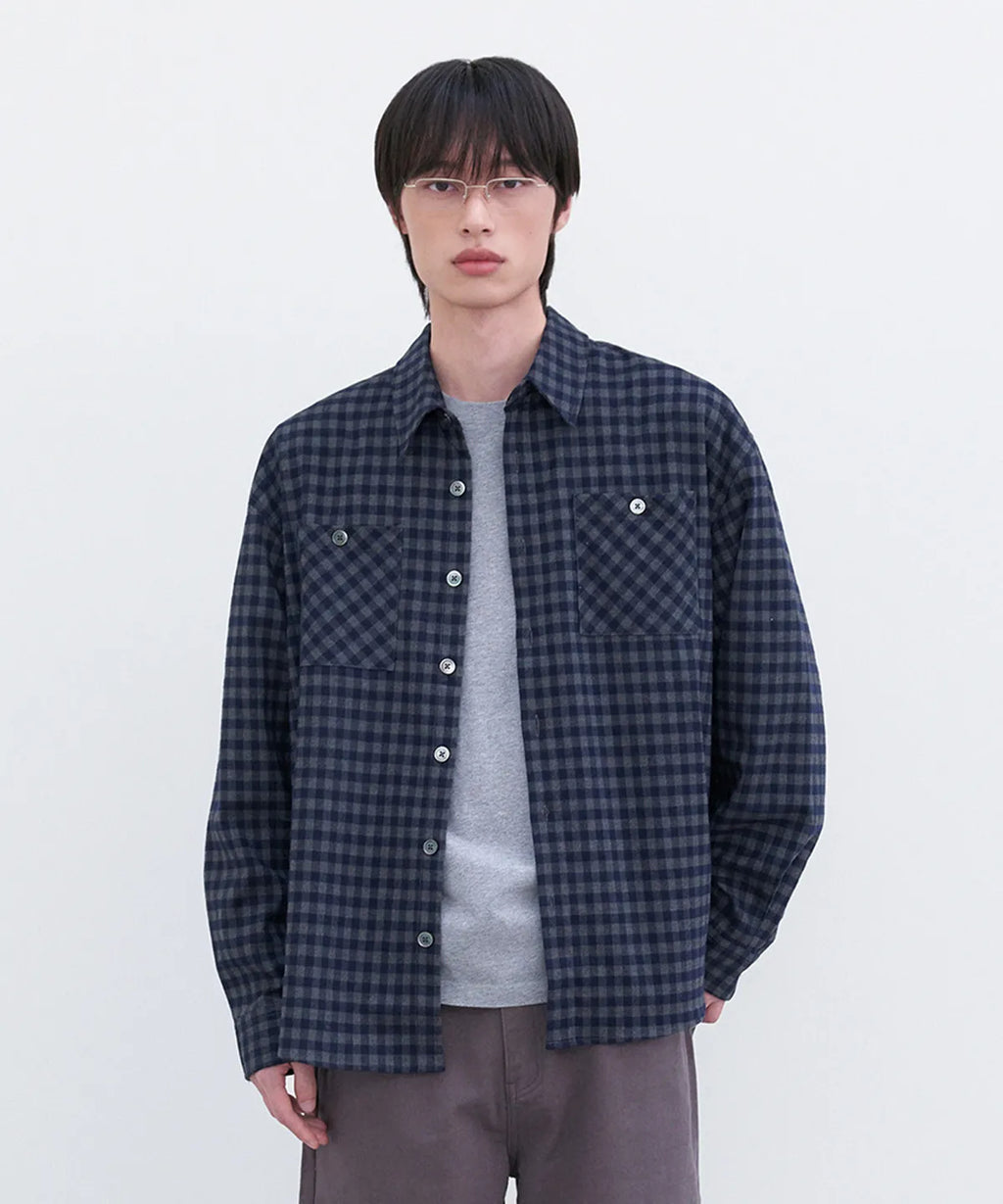 Two-Pocket Gingham Check Shirt [Navy]