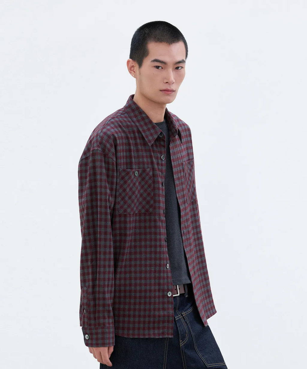 Two-Pocket Gingham Check Shirt [Wine]