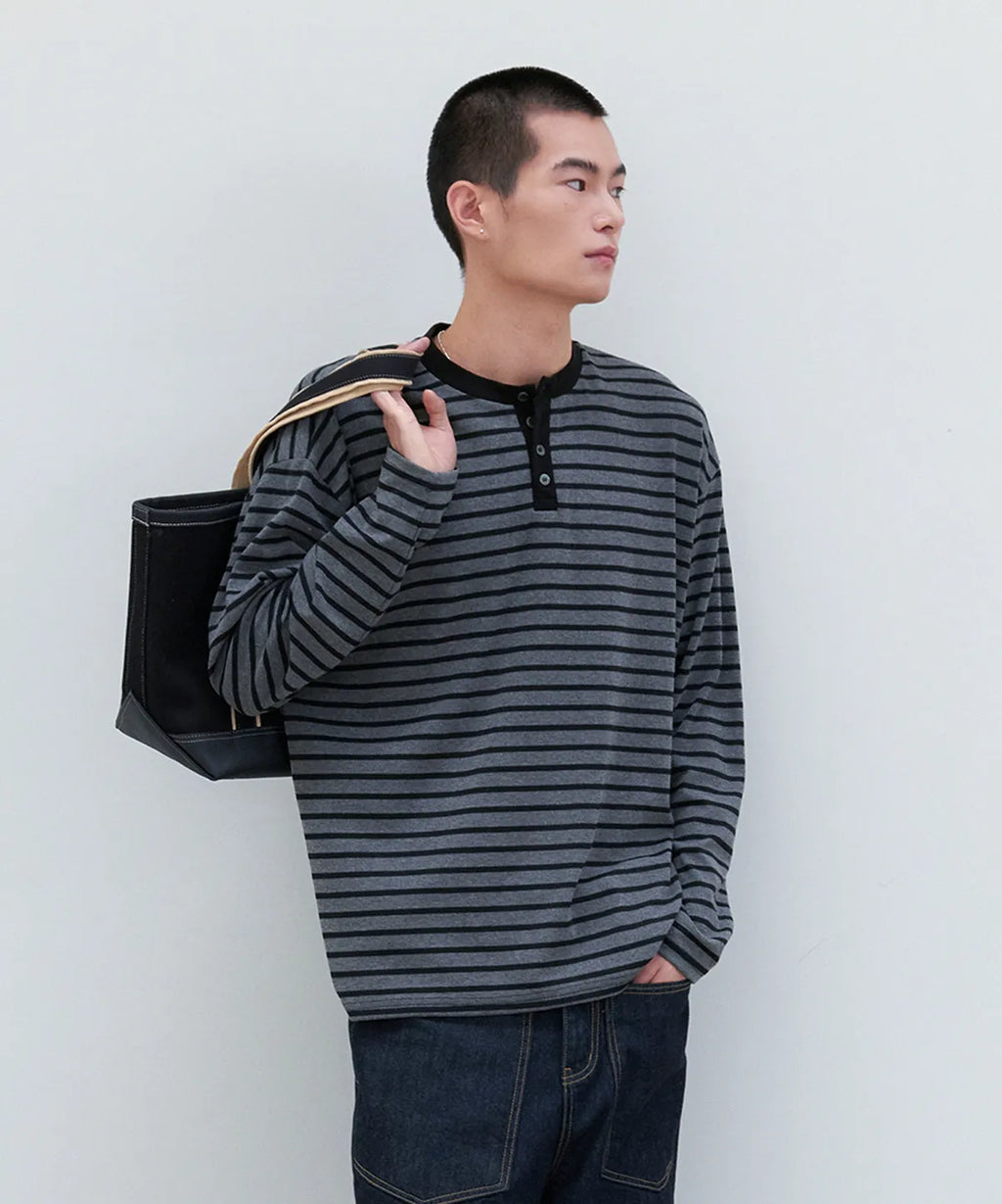 Stripe Henley Neck Long Sleeve T-Shirt [Black]