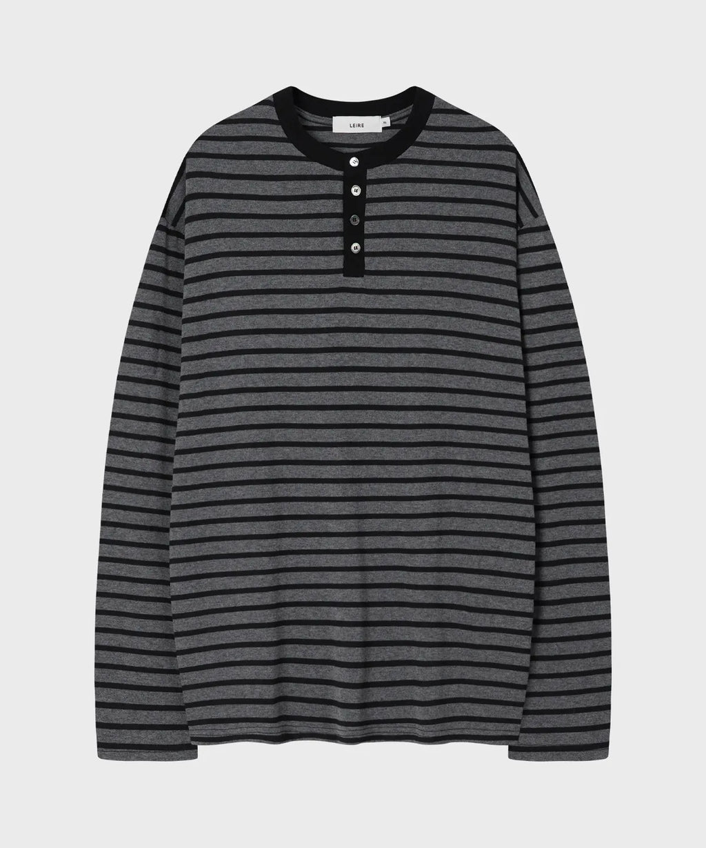 Stripe Henley Neck Long Sleeve T-Shirt [Black]