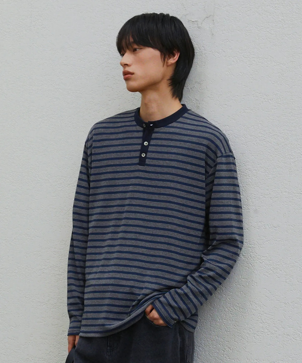 Stripe Henley Neck Long Sleeve T-Shirt [Navy]