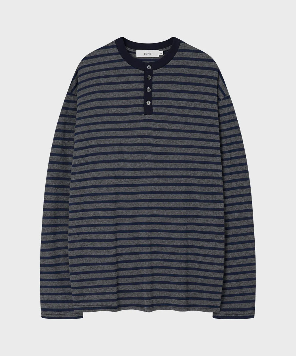 Stripe Henley Neck Long Sleeve T-Shirt [Navy]