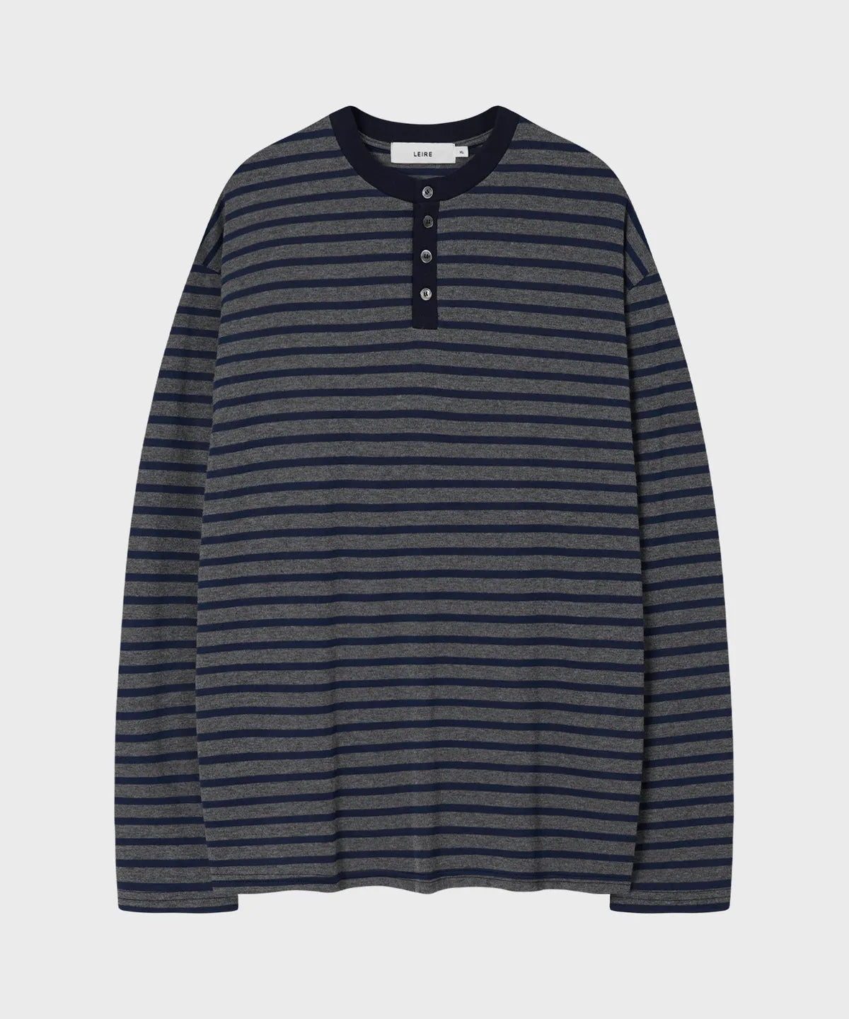 Stripe Henley Neck Long Sleeve T-Shirt [Navy]