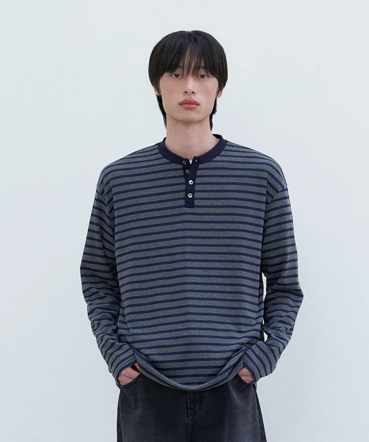 Stripe Henley Neck Long Sleeve T-Shirt [Navy]